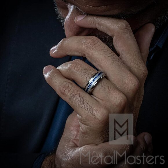 🆕 Men Blue Engagement Ring Eternity Titanium Wedding Band Simulated Sapphire - Picture 4 of 7